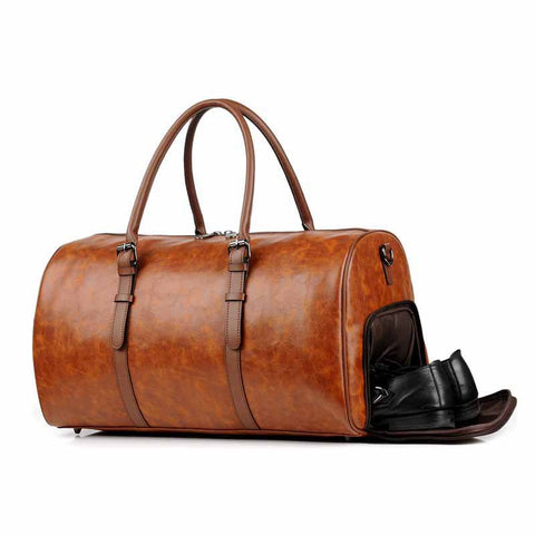 Leather Travel Bag with Shoe Compartment